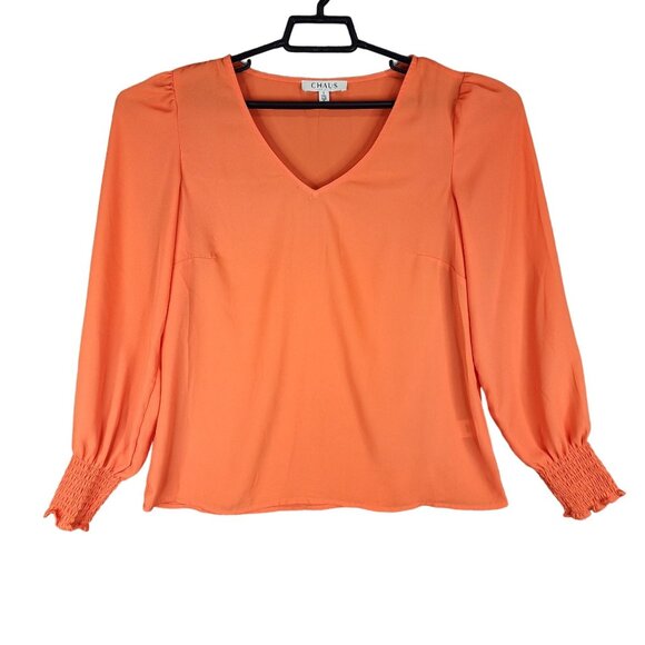 Women's Chaus V-Neck Long Sleeve Blouse Orange 100% Polyester Size S - Picture 1 of 10